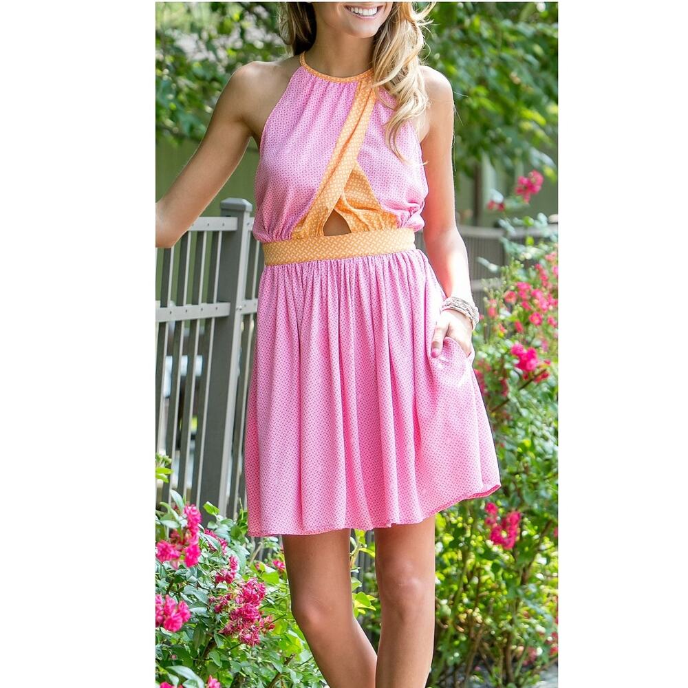 Juicy Couture Silk Halter Dress Pink Orange Cutout Mini Y2K Size 4